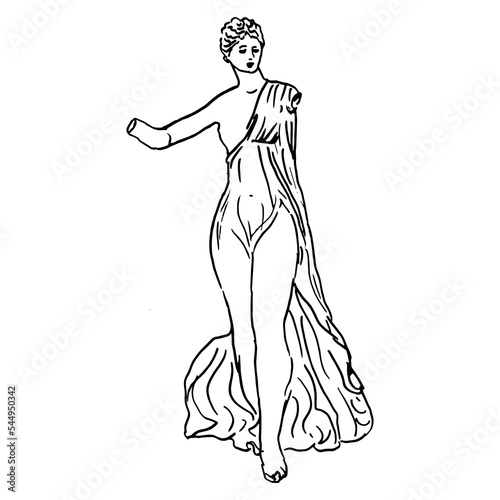 Marble sculpture of ancient Greek goddess Nike or Victory from Myrina. Hand drawn sketch. Black and white linear silhouette.