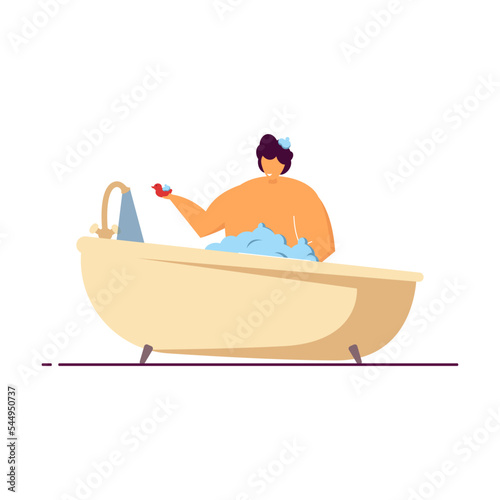 Boy taking bath before going to bed flat vector illustration. Cartoon child schedule: bathing in the bath. Everyday life, hygiene, lifestyle concept