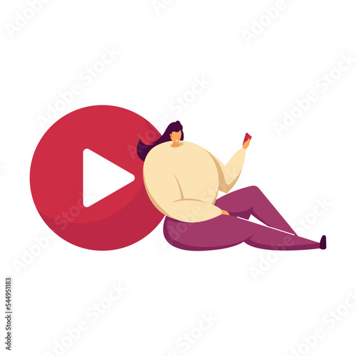 Happy tiny woman sitting and listening to radio podcast isolated flat vector illustration. Cartoon woman with headsets. Podcast concept