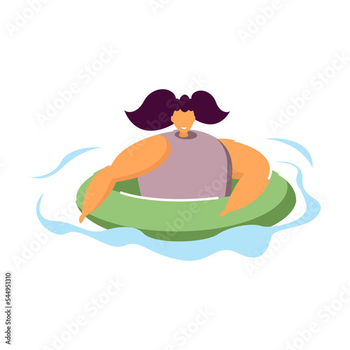 Girl using bathing ring to swim in sea. Child having fun on beach flat vector illustration. Summer, childhood, vacation concept for banner, website design or landing