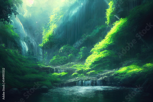 a scene in a rainforest with a little lake,