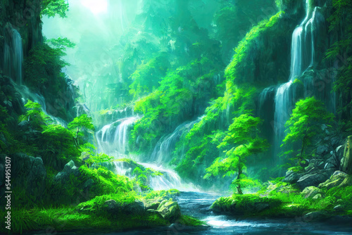 a longer small waterfall in an anime forest,