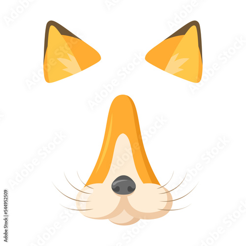 Fox animal mask for mobile application vector illustration. Cartoon face masks with nose and ears on white background. Photo or video chat filter concept