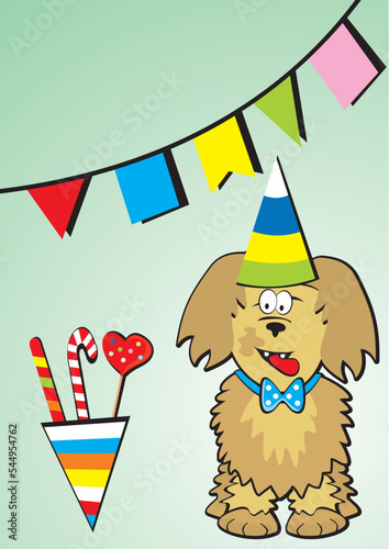 Celebration, party card, dog with cap and candy, vector humorous illustration