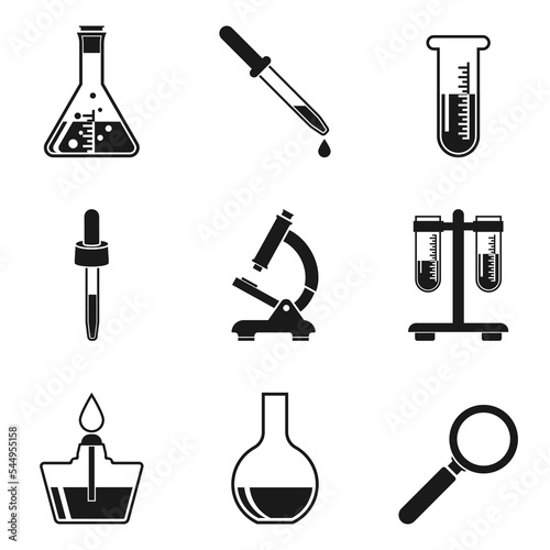 Chemistry icons. Isolated black icons laboratory equipment: test tube, flask, burner, pipette, tube rack, microscope, magnifying glass. Design elements for web, mobile app, print. Vector illustration