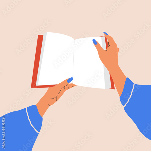 Hands holding book. Cartoon story textbook, bookcrossing, reading literature, education concept. Vector illustration