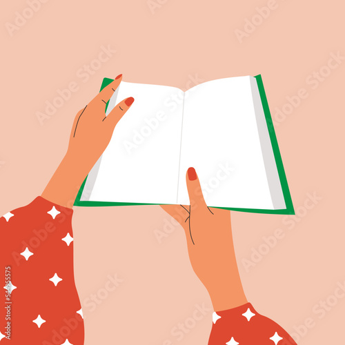 Cartoon hands with open book. Fairy tale story textbook, bookcrossing, read literature, education concept. Vector design