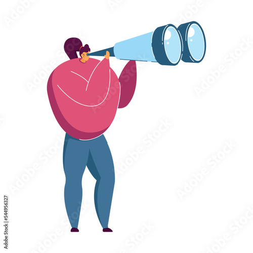 Girl looking through binocular far ahead vector illustration. Woman standing and seeing sights far away. Tourist, explorer concept