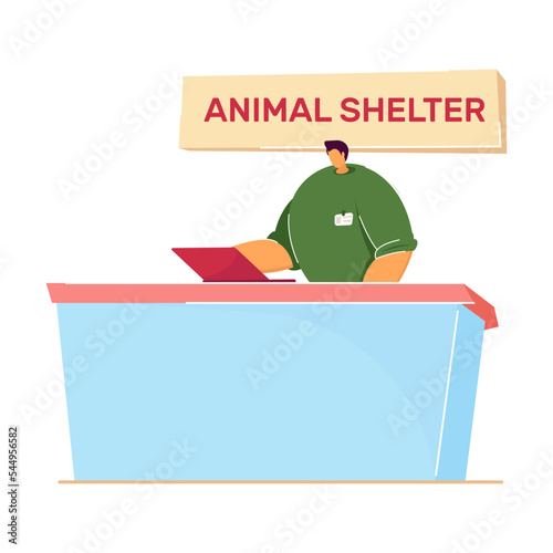 Cartoon reception in animal shelter. Flat vector illustration. Volunteer taking care about animals, people adopting homeless pet. Animal, pet, adoption, care concept