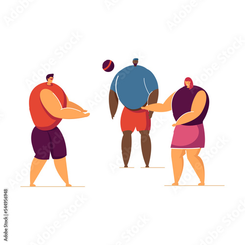 People playing volleyball in park flat vector illustration. Cartoon characters relaxing on picnic. Summer activity and leisure concept
