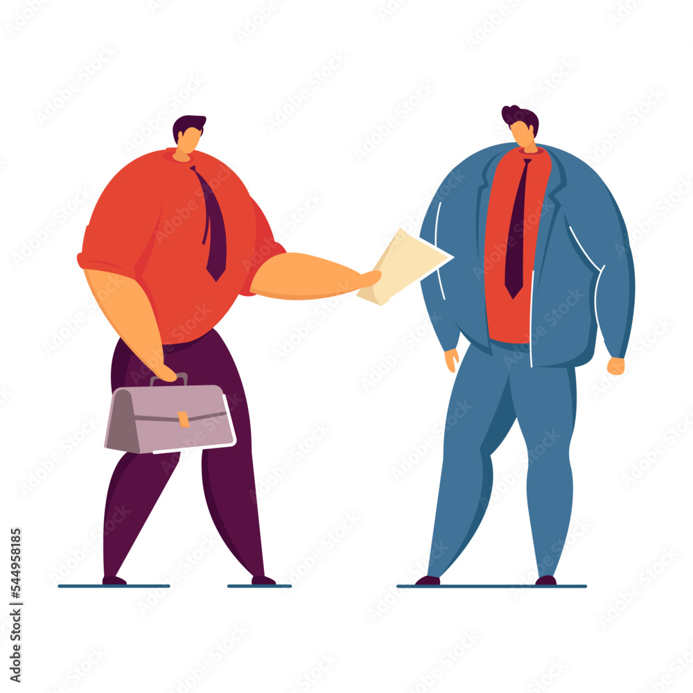 Corporate people working together flat vector illustration. Business man giving documents to colleague. Partnership, teamwork, corporate concept for banner, website design