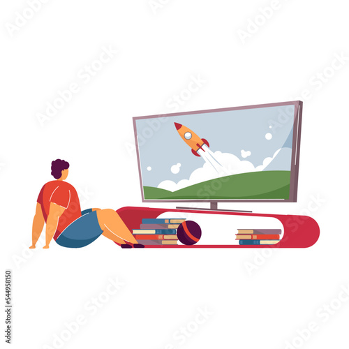 Boy spending time at home vector illustration. Child watching TV in living room. Leisure activity concept