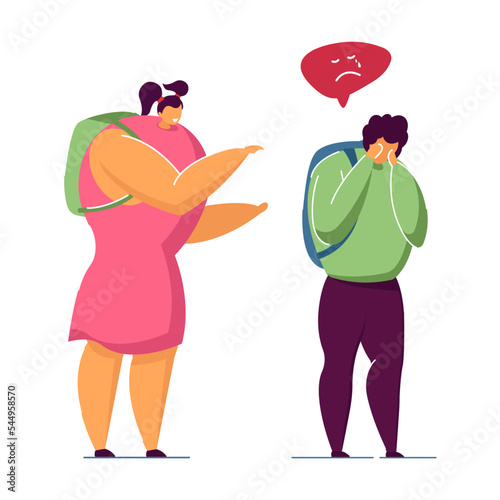 Lonely child in school flat vector illustration. Angry girl laughing at sad nerd boy in school hall. Stress, conflict, bullying, school, education concept for banner design