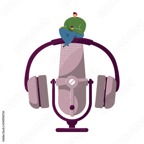 Happy tiny boy sitting on huge microphone and listening to radio podcast isolated flat vector illustration. Cartoon man with headset. Podcast concept