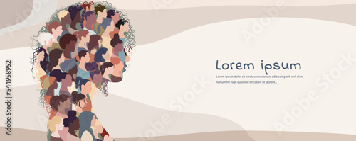 Profile silhouette group of many multicultural women and girls forming a woman head in profile. Empowerment. Female community of social network. Racial equality. Allyship. Poster - Banner