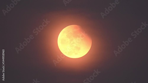 With tele lense complete sequence or Lunar eclipse is recorded where moon does transitioning from partial to red to full moon photo