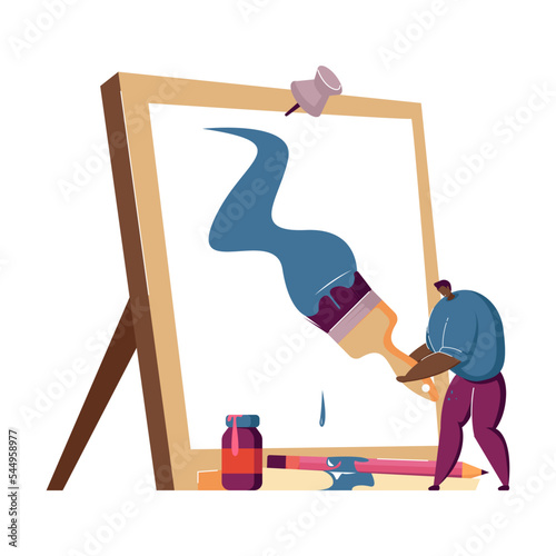 Man creating picture in artwork studio flat vector illustration. Cartoon artist character painting or drawing masterpiece on canvas with paintbrush. Art school concept