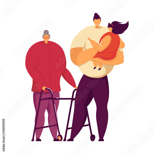 Family memebers of different ages. Father with kid, granparent standing together vector illustration for society, generation gap concept photo