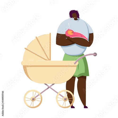 Multiracial mother holding baby. Cartoon female character with newborn kid flat vector illustration. Babysitting, family concept for banner, website design or landing web page