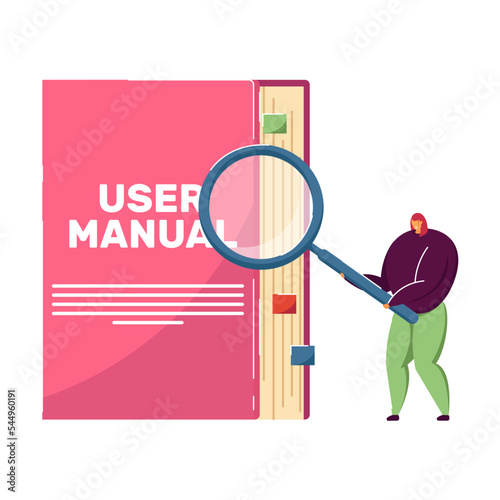 Tiny person reading user manual. Man with magnifier using guidebook or instructions flat vector illustration. Guide, manual concept for banner, website design or landing