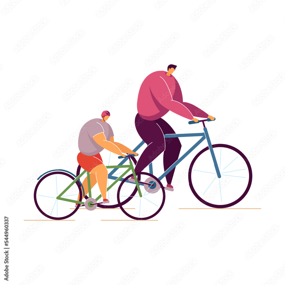 Cartoon family riding bikes together in park. Flat vector illustration. Father and child while outdoor activities on white background. Family, leisure activity, hobby concept