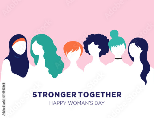 Women stronger together, International women's day, vector illustrations, social media banners, greeting cards, posters, brochures, and billboards, women's rights awareness, break the bias.