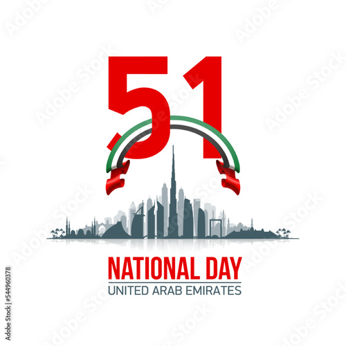 51 UAE National day flat paper style banner with UAE flag. Holiday card for 2 december 1971 - 2022, 51 National day United Arab Emirates Spirit of the union. Design with Dubai and Abu Dhabi silhouette