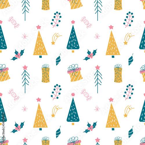 Vector winter seamless pattern. Merry Christmas and happy New Year. Christmas background. Winter wrapping.
