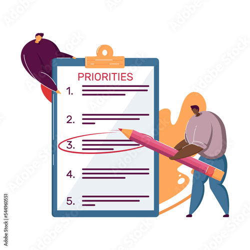 Business people making priority list. Team prioritizing tasks in checklist, marking importance. Vector illustration for planning, agenda, efficiency, progress concept
