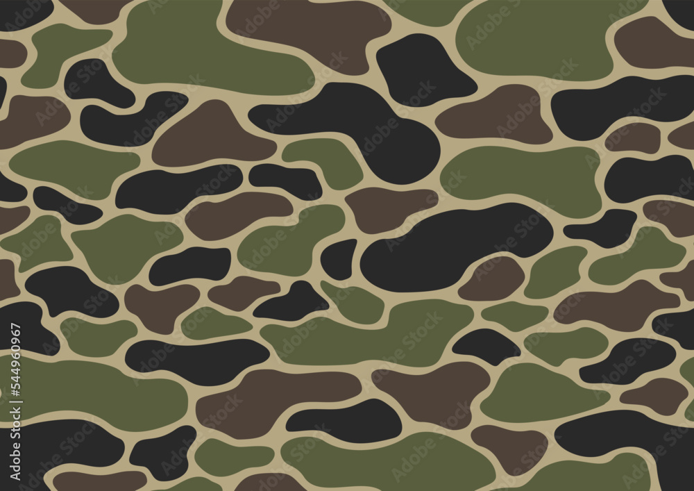Camouflage texture seamless pattern with flat curve spots. Abstract modern military endless background for fabric and fashion print. Vector illustration.