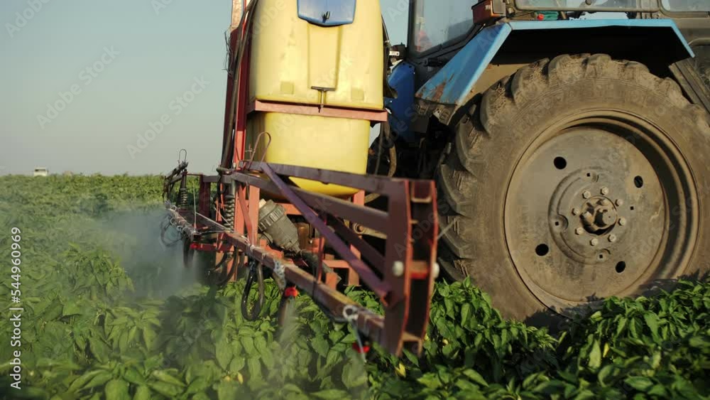 tractor sprays vegetables with fertilizers close up