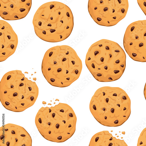 Pattern with cookies with chocolate chips on a white background