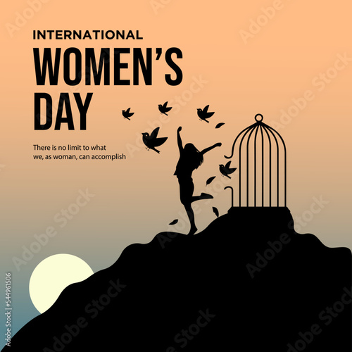 Woman breaks free from the cage, International women's day, vector illustrations, social media banners, greeting cards, posters, brochures, and billboards, women's rights awareness, break the bias.
