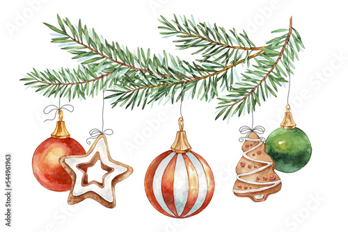 Watercolor Christmas card with Fir branches, christmas balls, gingerbread, christmas cookies. Vector illustration for greeting card and invitation. Winter holidays poster.