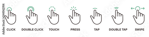 Hand Finger Touch, Swipe, Click, Press and Tap Line Icon Set. Double Click and Tap Sign. Gesture Slide Left and Right Outline Icon. Editable Stroke. Isolated Vector Illustration