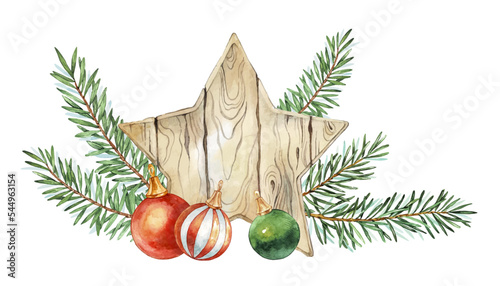 Watercolor Christmas card with Fir branches, christmas balls, wooden star and place for text. Vector illustration for greeting card and invitation. Winter holidays poster.