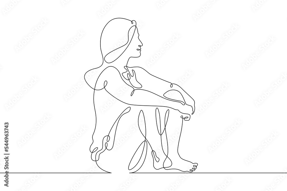 One continuous line.Woman relaxes after sports. Meditation female character. Yoga practice. One continuous line on a white background.