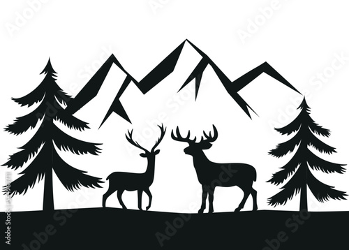 Vector Double exposure, deer for your design, wildlife concept. Vector vintage forest landscape with black and white silhouettes of trees and wild animals