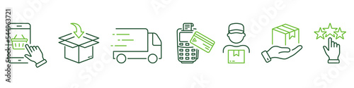 Delivery Process Line Icon. Shipping Product Guide Linear Pictogram. Delivery Flow Mobile Phone Order Package Truck Courier Payment Rating Outline Icon. Editable Stroke. Isolated Vector Illustration