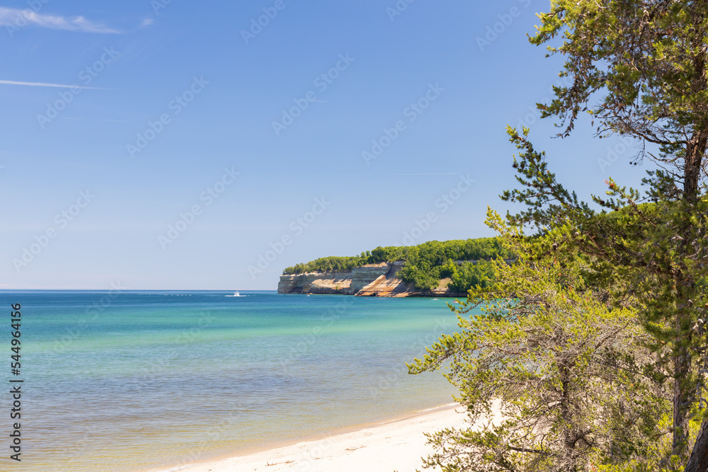 Boat on Coastline of Pictured Rocks National Lakeshore, Upper Peninsula, Munising, Michigan Boat on Coastline of Pictured Rocks National Lakeshore, Upper Peninsula, Munising, Michigan
