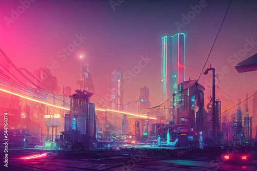 Neon cyberpunk future. Futuristic city in a blue haze. . Night scene with multicolored neon lighting. Dark industrial landscape. Bridges bitween a huge futuristic buildings. photo