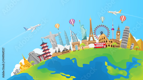 travel and tourism to the world background. famous landmarks on the globe. tourism road trip concept. journey in vacation. airplane and time banner. vector illustration modern flat design.