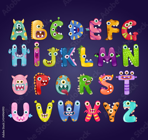 Monster alphabet with capital letters on dark blue background. Colourful ABC of different cute monsters 