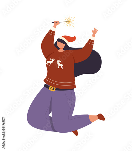 A cheerful woman in christmas clothes jumps with a bengal light in her hand.