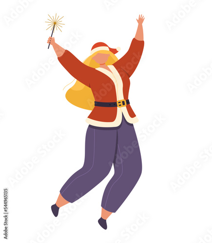 Cute woman in christmas clothes jumps with a bengal light in her hand.