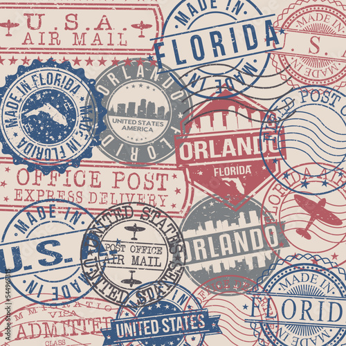 Orlando, FL, USA Set of Stamps. Travel Stamp. Made In Product. Design Seals Old Style Insignia.