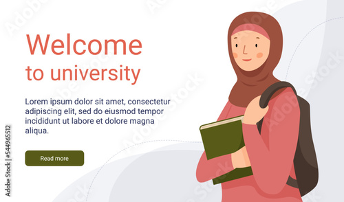 Cute muslim girl student with a backpack holding a book. Young arabic woman in hijab studying at university. Template for website or social media banner. Vector flat illustration.