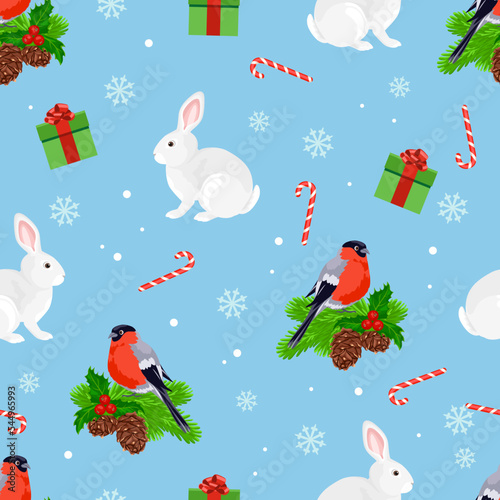 Bunny and bullfinches bird seamless pattern. Christmas winter background. Cartoon vector illustration.