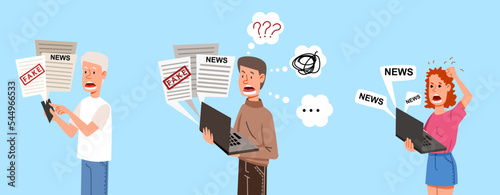 People read the news on the phone. Men and women are shocked by what is happening in the world. Vector illustration in flat cartoon style.