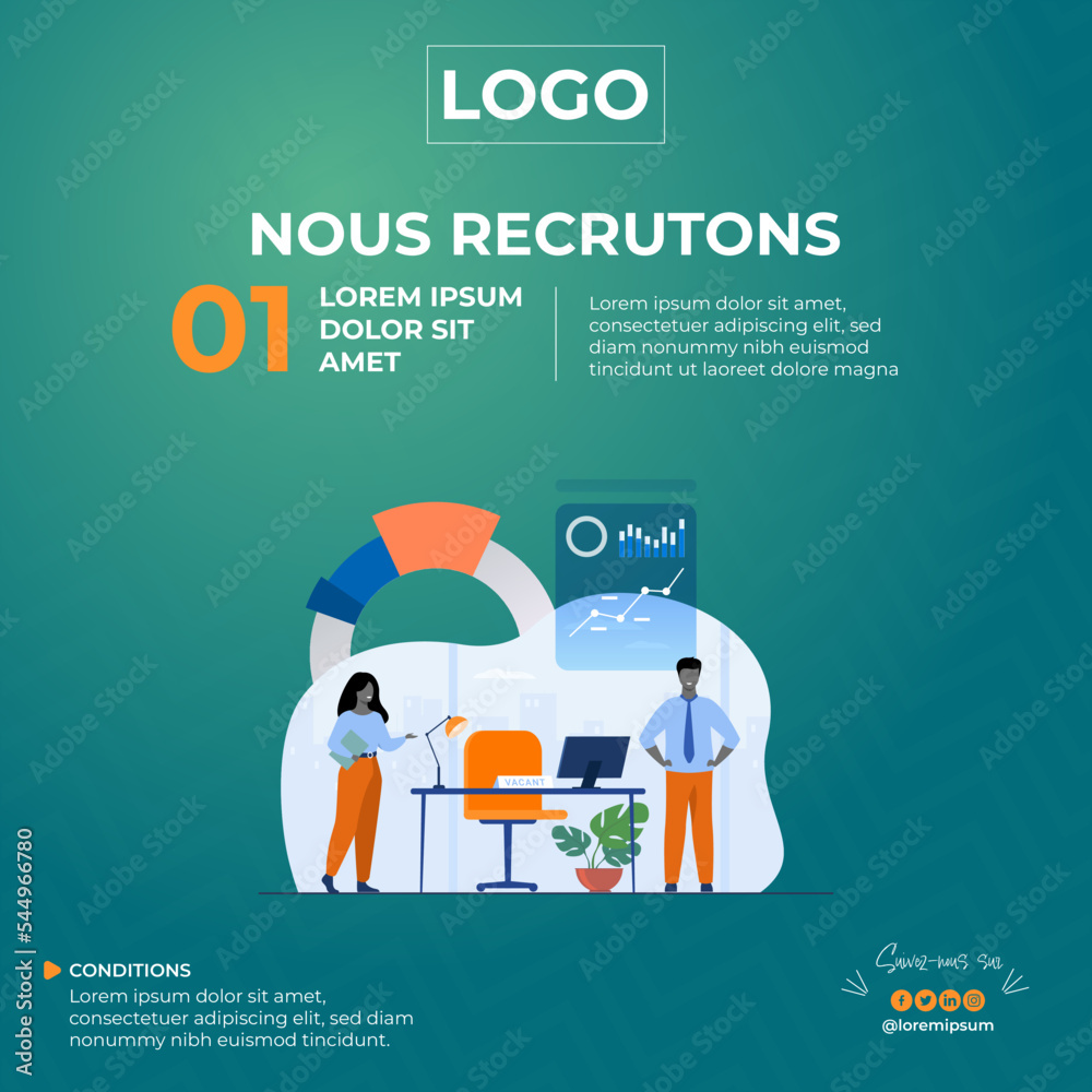 Template Recrutement. Concept d'embauche et de recrutement en ligne avec des une fille et un garçon. Entretien en agence. Sélectionnez un processus de reprise. Modèle de page de destination